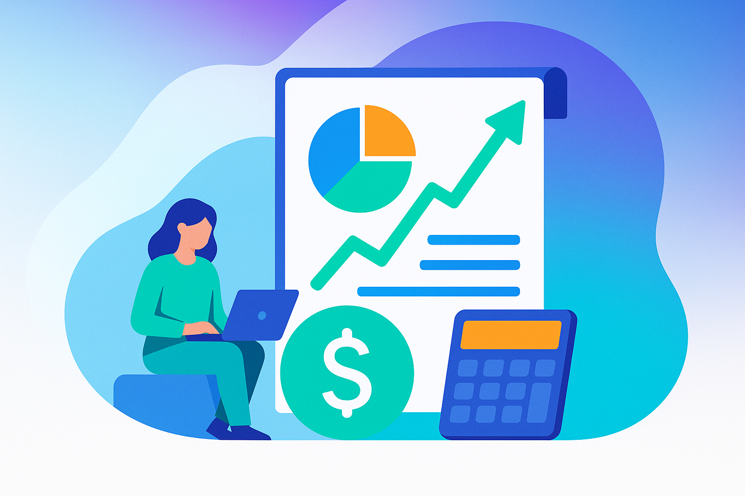 Woman using laptop next to growth chart, dollar sign, and calculator, symbolizing ClearEvent’s budget tools for event success.