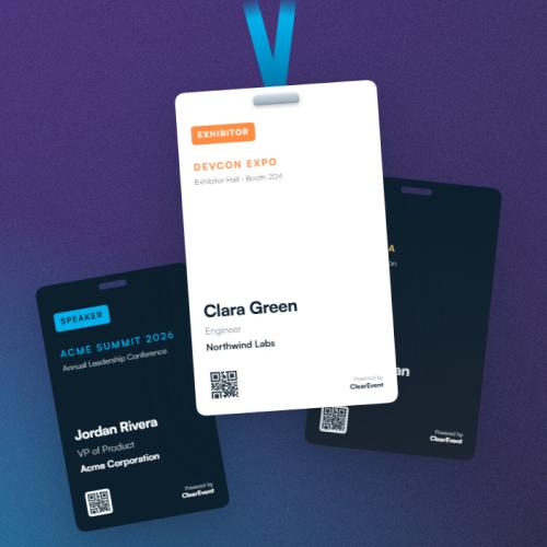 Three custom event badge designs created in ClearEvent Badge Maker