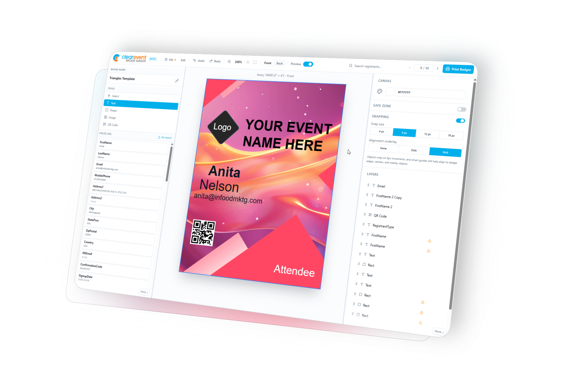 ClearEvent Badge Maker interface showing a custom event badge design